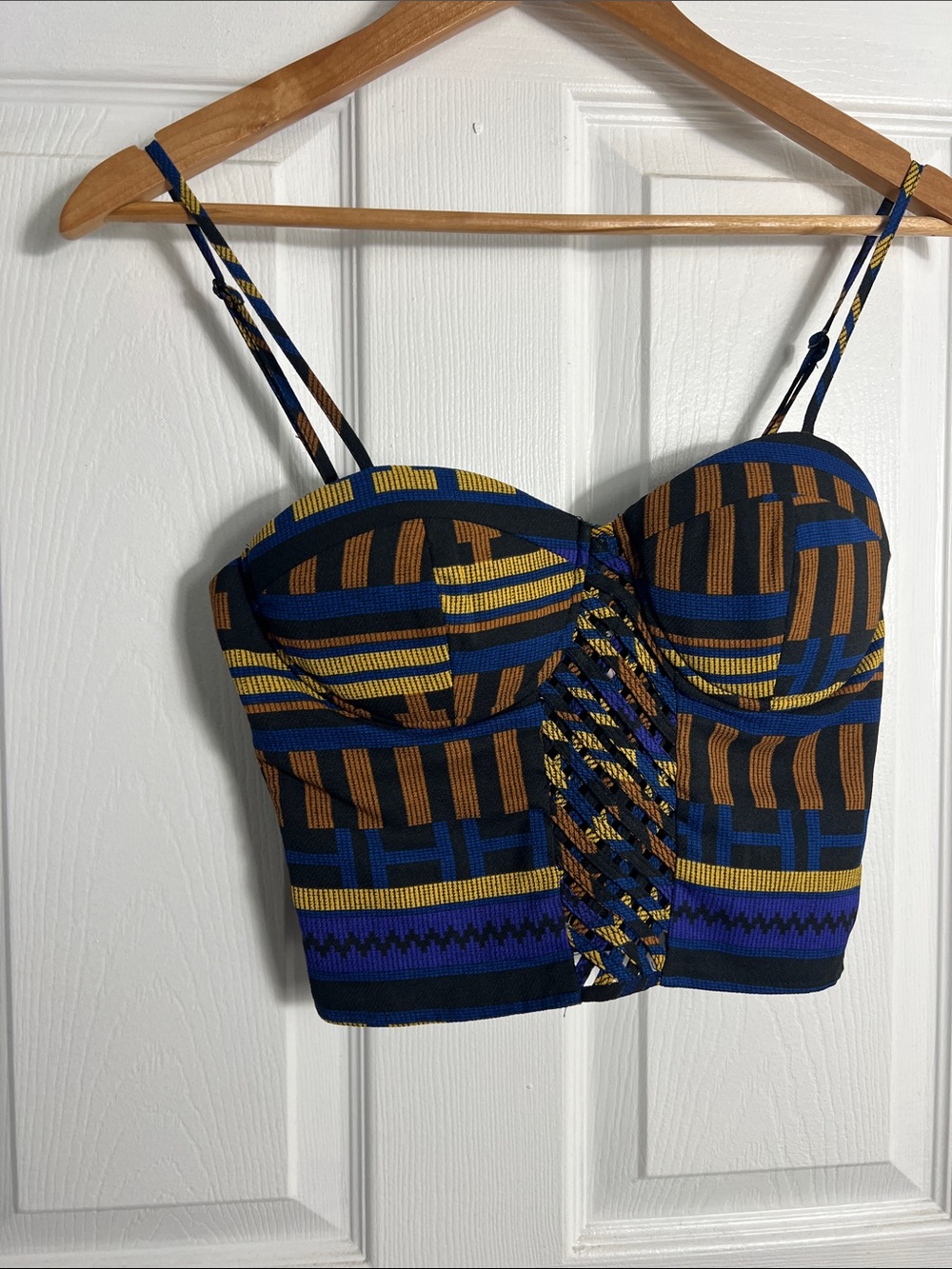 Patterned Blue & Brown Bustier Camisole with Lace-Up Front